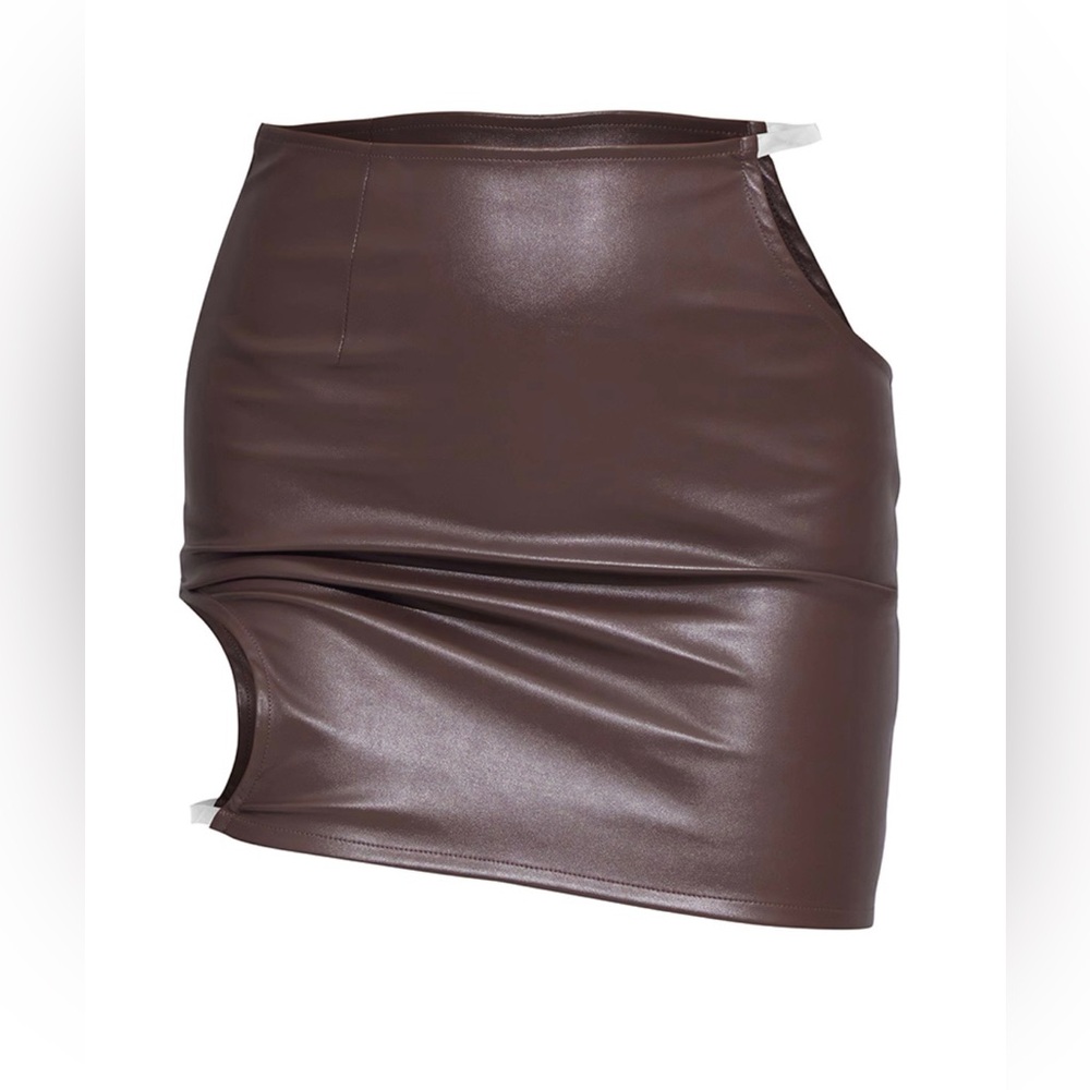 Cut-out Brown Faux Leather Mini Skirt - Picture 3 of 7